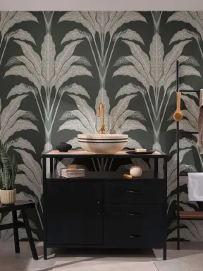 Mustertapete Dunkelgrün Art Deco Große Tropische Blätter
