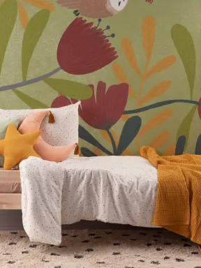 Colorful Pencil Sketch Owl & Flowers Wallpaper Mural