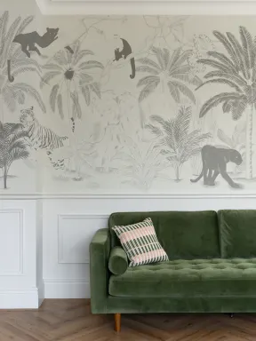 Papier Peint Panoramique Jungle Animaux Illustrés en Couleur Crème et Gris