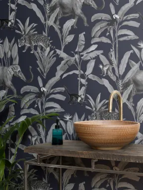 Navy and Gray Illustrated Jungle Animal Repeat Pattern Wallpaper