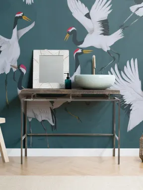 Flying Japanese Cranes Teal Painted Wallpaper Mural