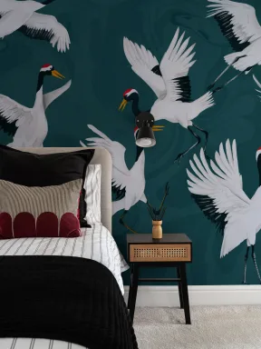 Flying Japanese Cranes Teal Painted Wallpaper Mural