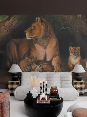 Papier peint panoramique Panthera peint à la main avec des lions et des lionceaux par Joseph Wolf