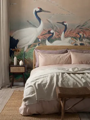 Hand-Painted Cranes in Wetlands Wall Mural by Joseph Wolf