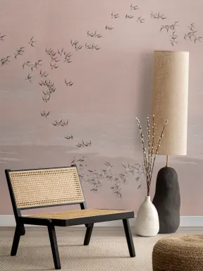 Pink Bird Flock Scenic Landscape Pastel Mural