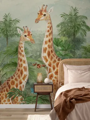 Vintage Tropical Giraffe Illustration Mural