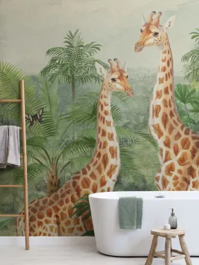 Vintage Tropical Giraffe Illustration Mural