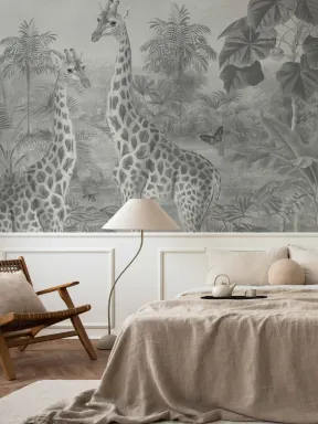 Gray Vintage Tropical Giraffe Illustration Mural