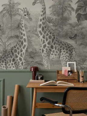 Grijze Vintage Tropische Giraffe Illustratie Muurschildering
