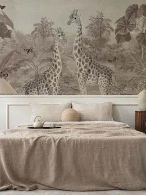 Beige Vintage Tropical Giraffe Illustration Mural