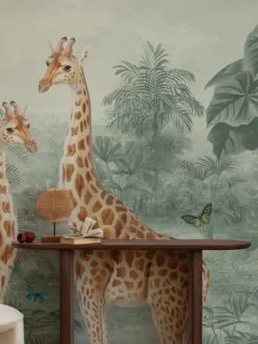Green Vintage Tropical Giraffe Illustration Mural