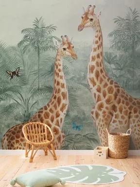 Illustration murale de la girafe verte, vintage et tropicale