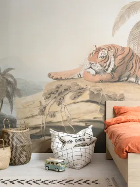 Murales de Papel Pintado ilustrado de tigre con paisaje tropical