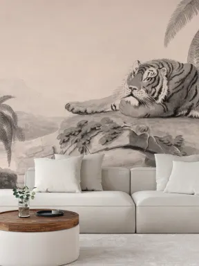 Grey Illustrated Tropical Landscape Tiger Mural
