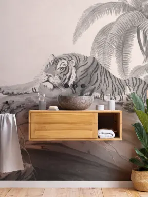 Grey Illustrated Tropical Landscape Tiger Mural