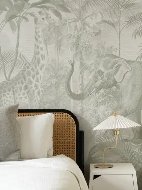 Green Asian Jungle Animals Watercolor Mural