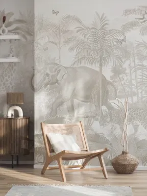 Papier peint aquarelle beige Animaux de la jungle asiatique