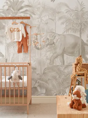 Carta da parati acquerellata in beige con animali della giungla asiatica