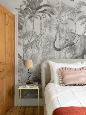 Gray Asian Jungle Animals Watercolor Mural