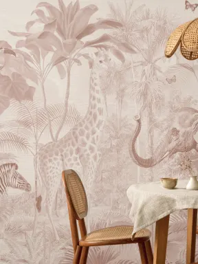 Pink Asian Jungle Animals Watercolor Mural