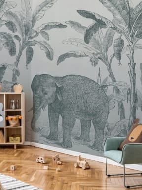 Mural de papel pintado Elefante Explorador antiguo verde azulado