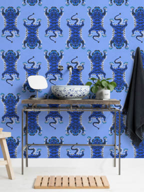 Blue Tibetan Tiger Repeat Pattern Wallpaper