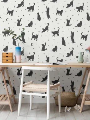 Zwarte Kat Maan & Sterren Patroon Behang Muurschildering