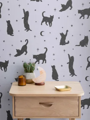 Fototapete Schwarze Katze Mond- & Sternenmuster Pastellfarben Lila