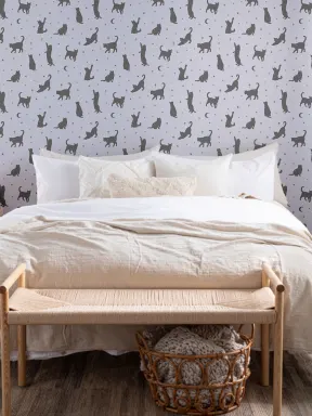 Pastel Purple Black Cat Moon & Stars Pattern Wallpaper Mural