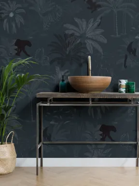 Papier Peint Panoramique Animaux de la Jungle et Plantes Tropicales en Bleu Marine
