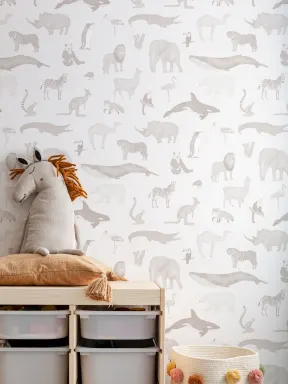 Papier Peint Animaux en Gris et Beige Aquarelle