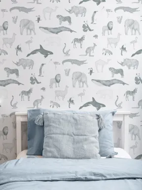 Papier Peint Animaux en Bleu et Gris Aquarelle