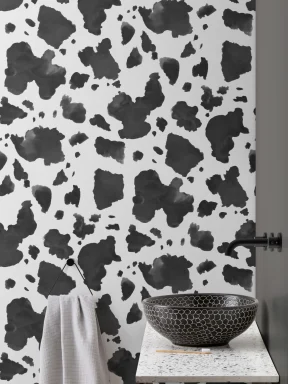 Painted Black and White Cow Print Repeat Pattern Wallpaper