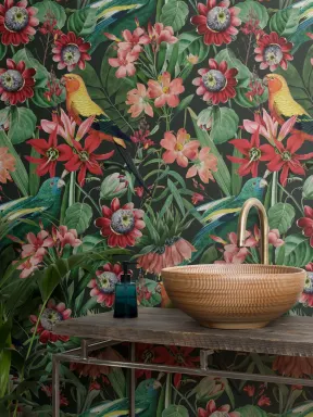 Multicolor Tropical Leaves, Florals and Parrots Wallpaper