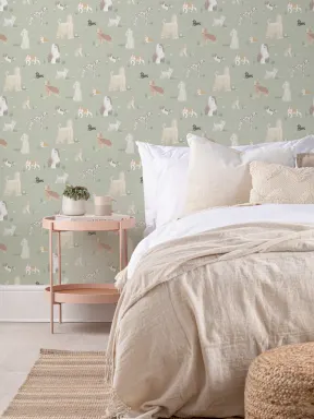 Green Whimsical Dog Pattern Mural Delight Mural