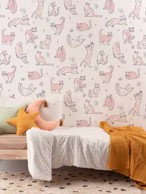 Chats roses espiègles, papier peint panoramique pour chambre d enfant sur le thème des animaux
