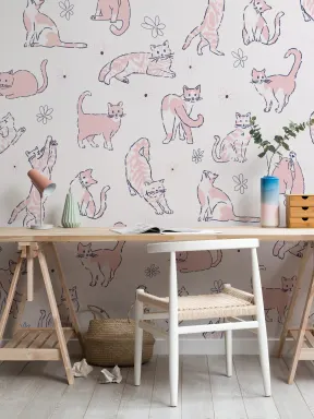Chats roses espiègles, papier peint panoramique pour chambre d enfant sur le thème des animaux
