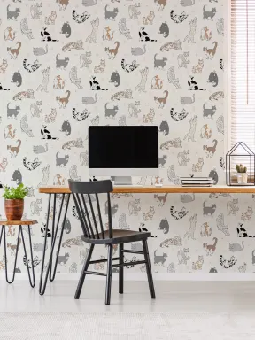 Neutral Cat Pattern Mural With Playful Feline Charm