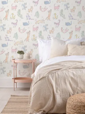 Multicolor Playful Cat Kids' Mural For Cheerful Spaces