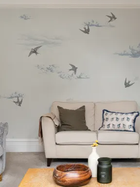 Blue Vintage Swallow Sky Scene Classic Mural