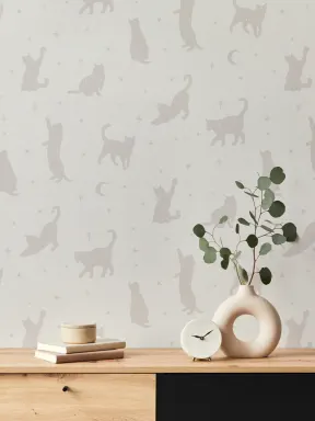 Neutral Cat Moon & Stars Pattern Mural