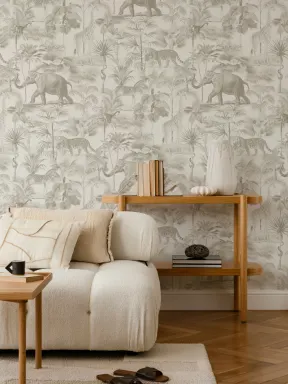 Papier peint beige Animal de la jungle ton sur ton tropical