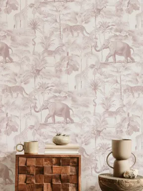 Papier peint de la jungle tropicale rose avec animaux