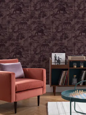 Papier peint prune Animal de la jungle ton sur ton tropical
