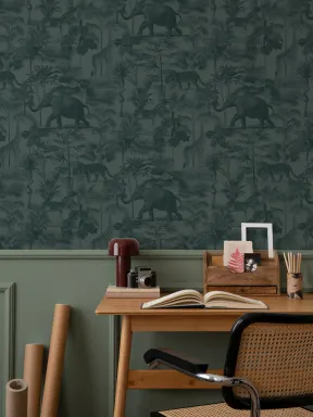 Papier peint sarcelle Animal de la jungle ton sur ton tropical