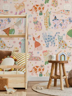 Pink Cats in Outfits Print Mural