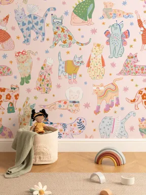 Mural de papel pintado Gatos rosados con atuendos