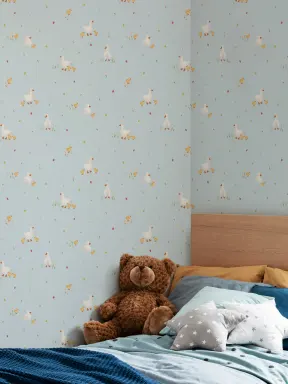 Papier peint bleu et beige à imprimé canards et canetons