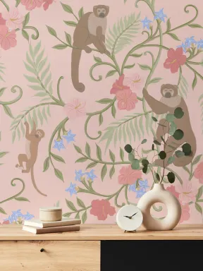 Pink Macaque Monkey Tropical Mural