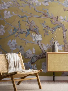 Papier Peint Panoramique Amandier en Fleurs en Jaune